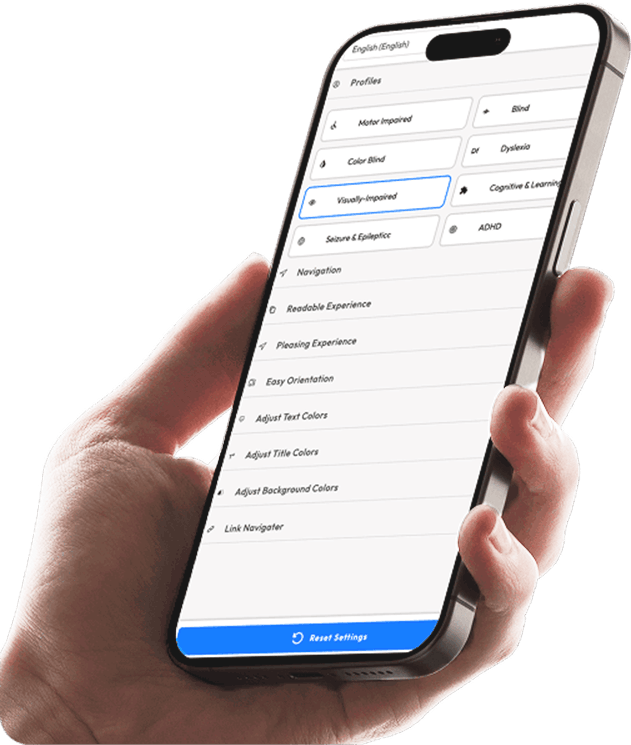 A hand holds a phone displaying accessibility settings for various impairments